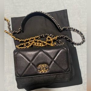 RARE CHANEL Black Lambskin Chanel 19 Wallet On Chain WOC Bag.